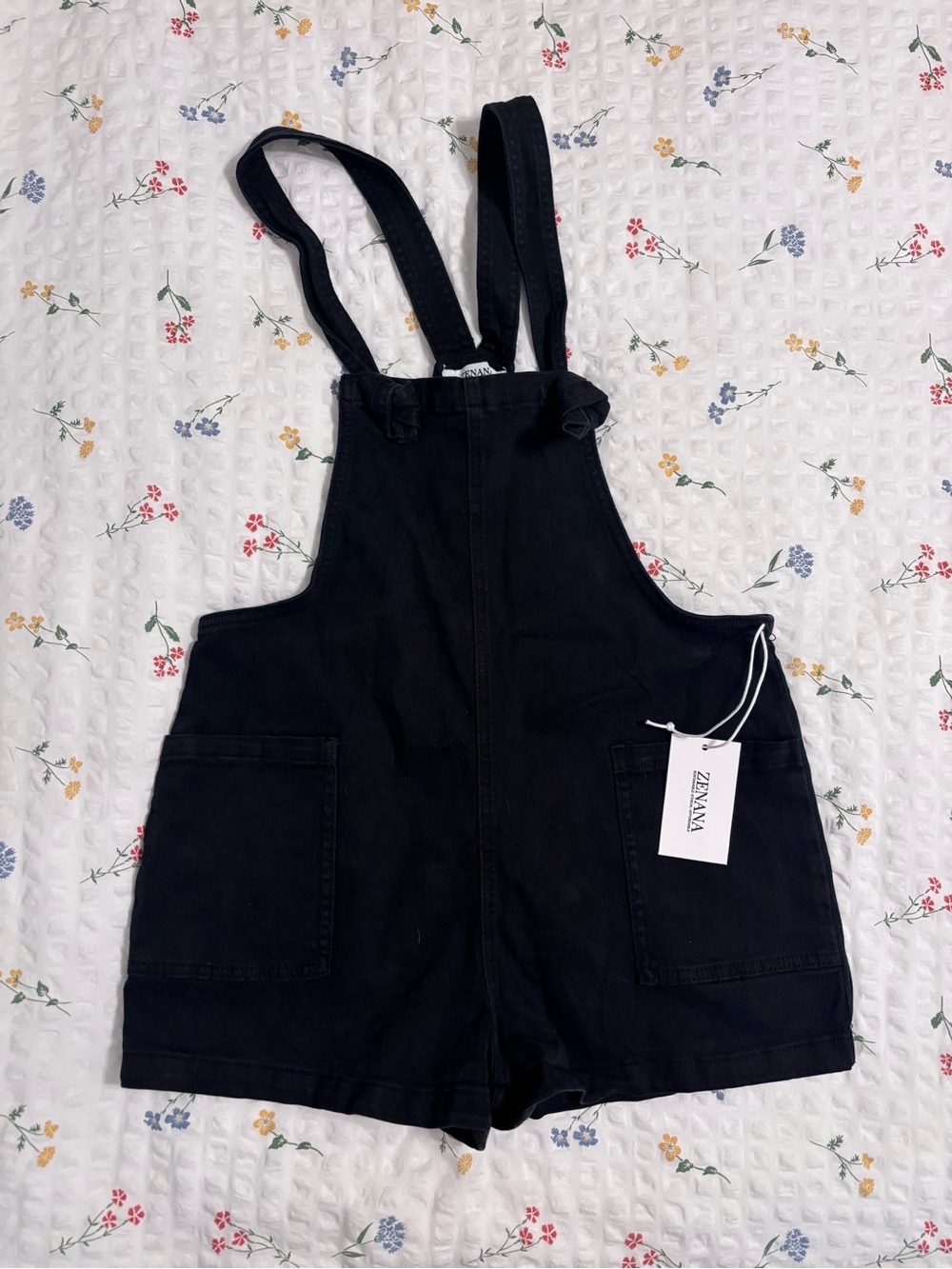 Zenana Black Denim Short Overalls: Size Small